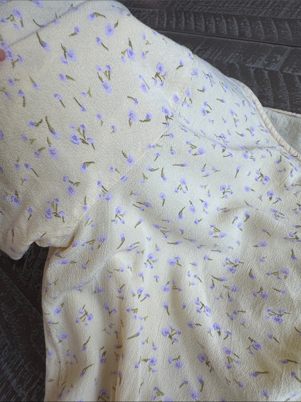 Ruched V-Neck Cropped Top in Light Butter Yellow with Subtle Tiny Purple Florals - Picture 14 of 14